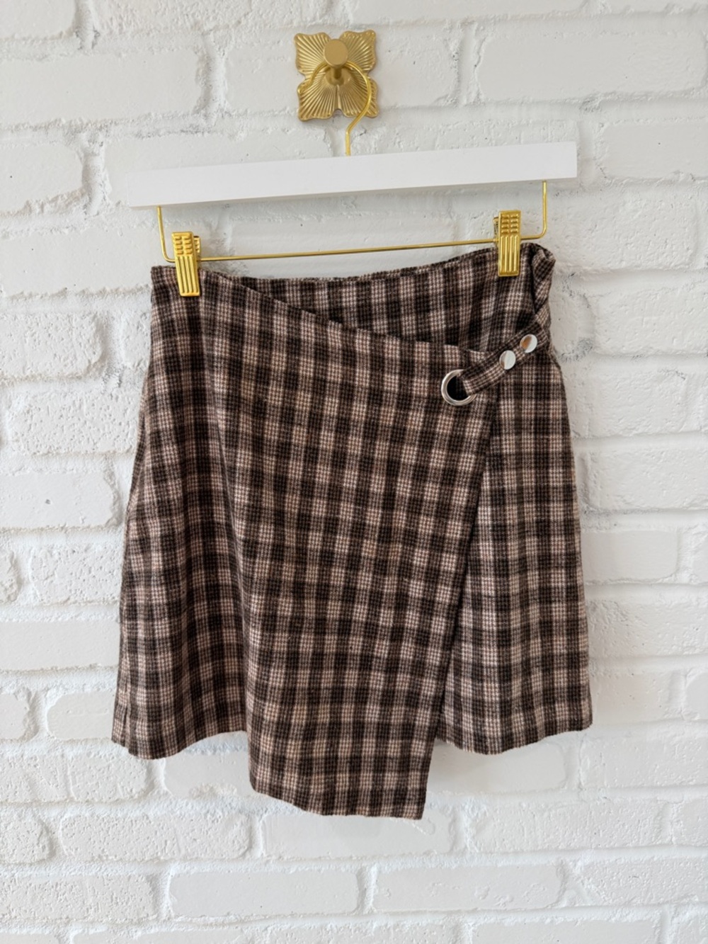 Francesca's Brown Plaid Wrap Skirt with Buckle Detail